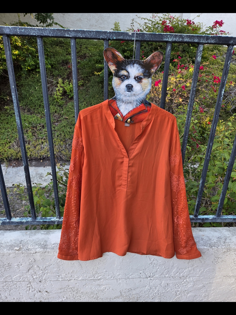 Chico's Orange Embroidered Long-Sleeve V-Neck Blouse